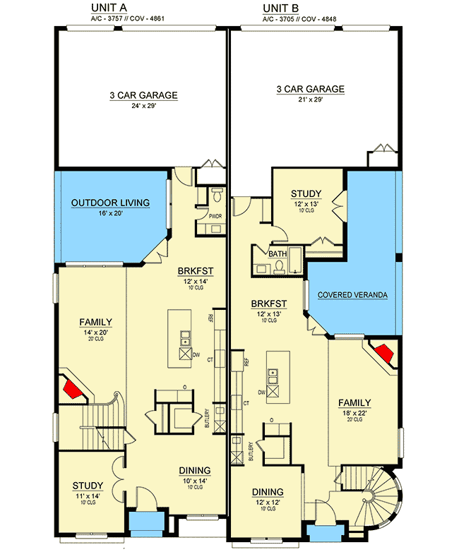 Plan 36542TX: Duplex House Plan With Visual Variety - Floor Plan - Main Level - European, Tudor