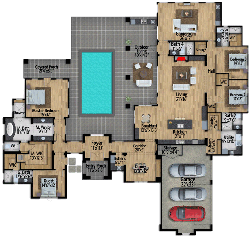 Plan 430020LY: Hill Country Home Plan with Outdoor Entertaining Space in Back - Floor Plan - Main Level - European, Hill Country, Mediterranean