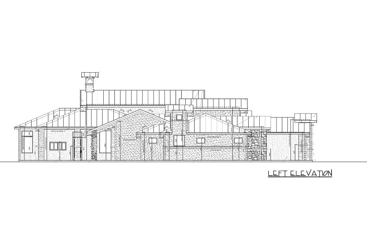 Left elevation house plan showing a single-story structure with a pitched roof, multiple gables, and a chimney.