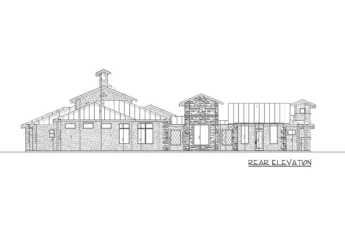 Rear elevation drawing of a single-story house plan with a stone facade, varied rooflines, and a prominent chimney.