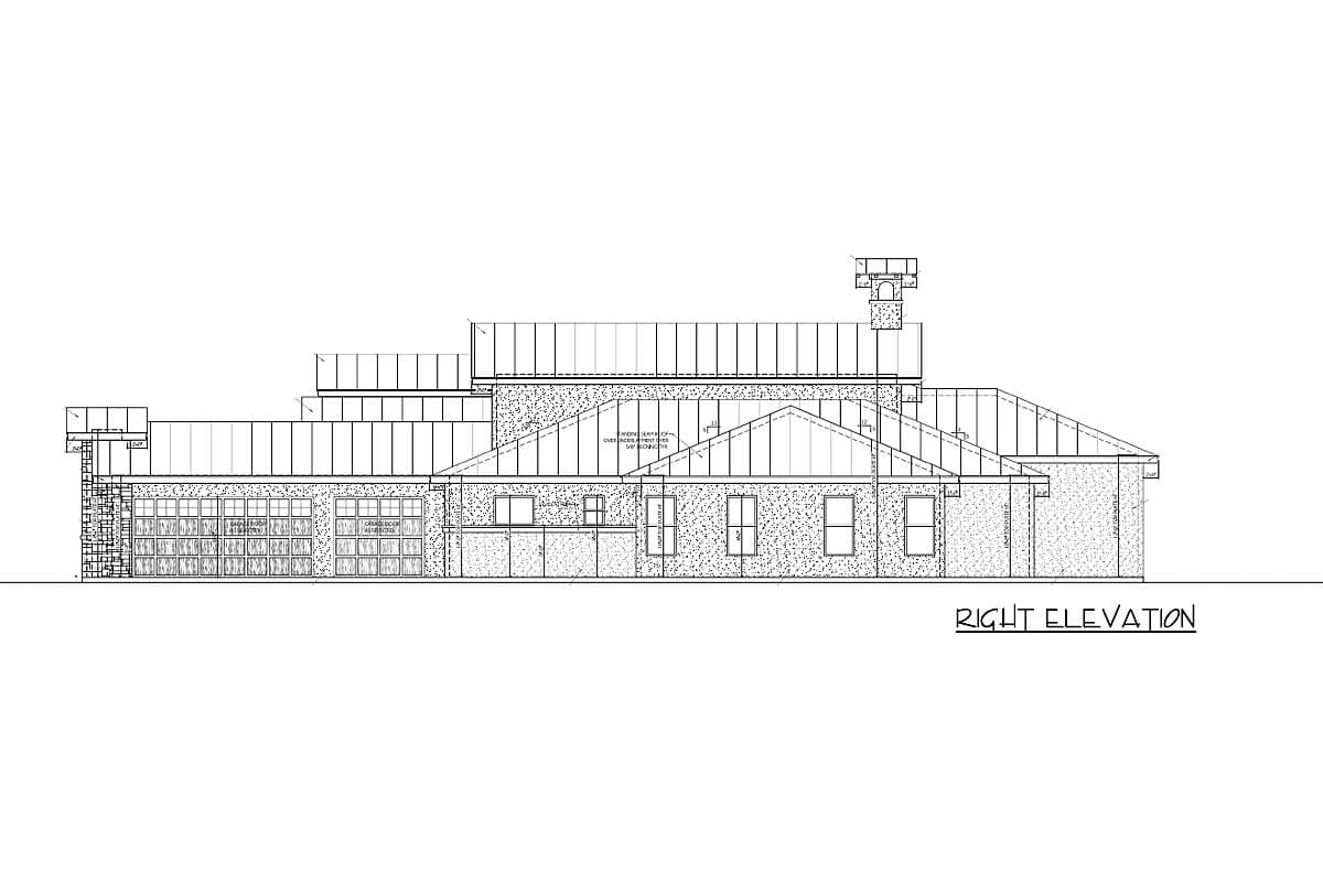Right elevation house plan showing a single-story structure with multiple gables, garage doors, and a prominent chimney.