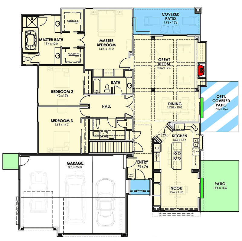 Plan 64446SC: Spacious House Plan with 2 or 3-Car Garage - Floor Plan - Main Level - European, Northwest