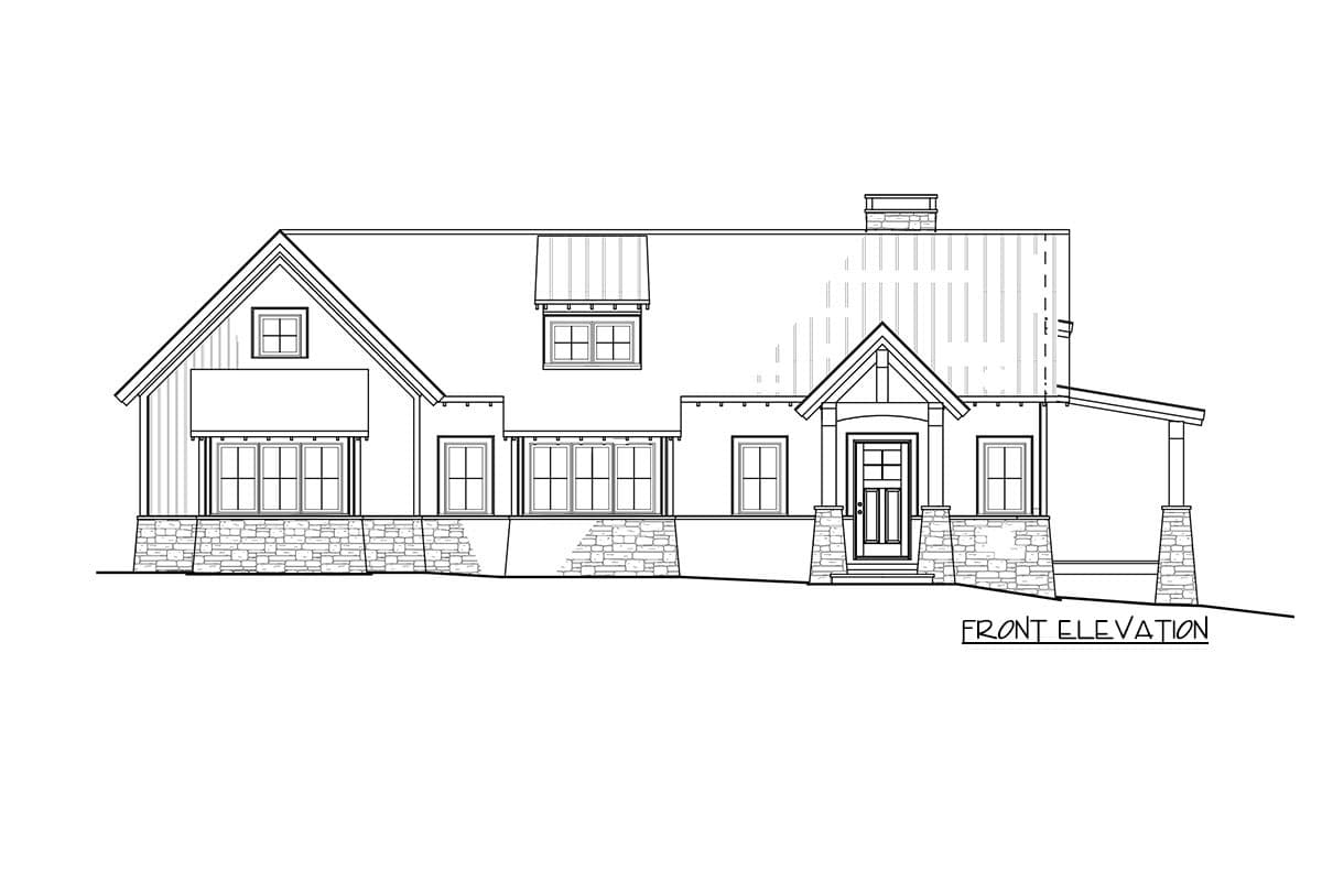 Front elevation drawing of a one-story house plan with a prominent gable, stone foundation, and covered front porch.