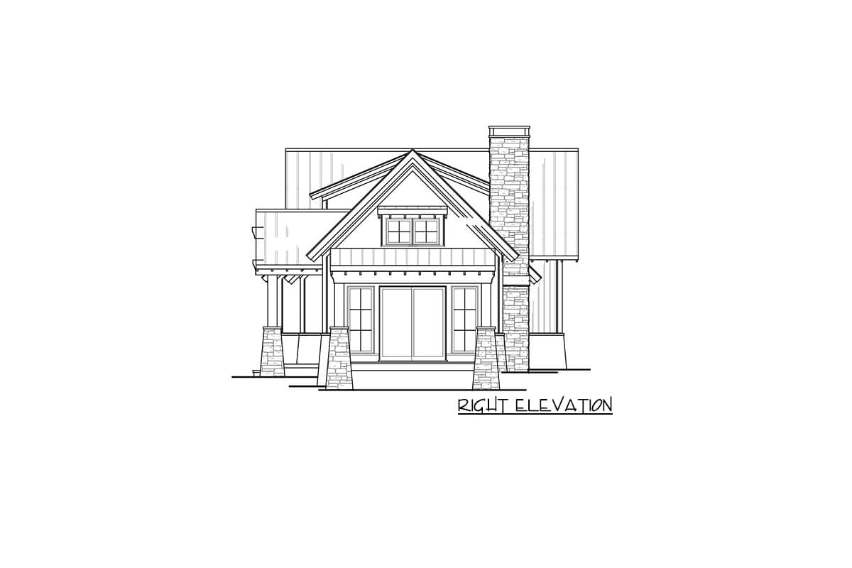 House plan right elevation shows a two-story home with a prominent stone chimney, gabled roof, dormer, and covered porch.