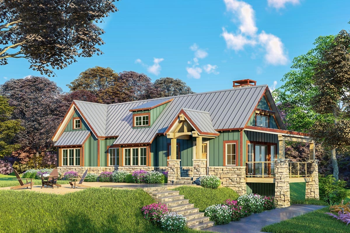 House plan exterior: Craftsman style, 2 stories, metal roof, stone foundation, gabled dormers, and covered porch.