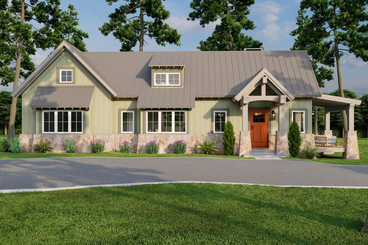 House plan exterior. Craftsman style, one story. Features include a gabled roof, covered porch, and stone-clad foundation. Dormer window visible.
