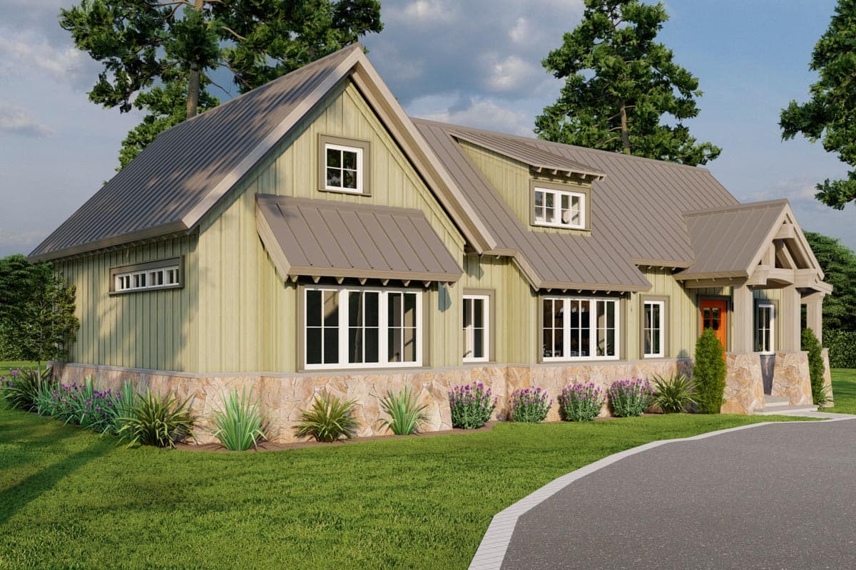 House plan exterior: Craftsman style, two stories, stone base, metal roof with gables, dormers, and covered entry.