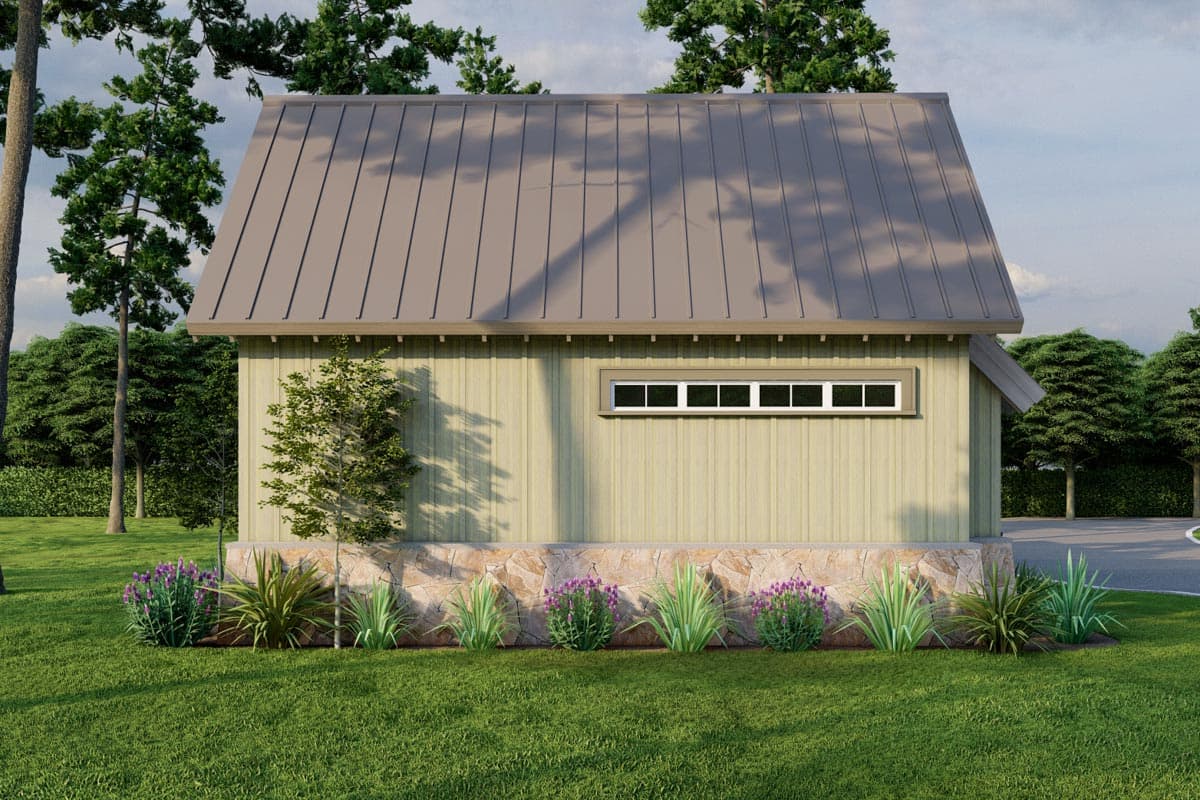House plan exterior view showing a single-story structure with a metal gable roof, horizontal siding, and a stone foundation.