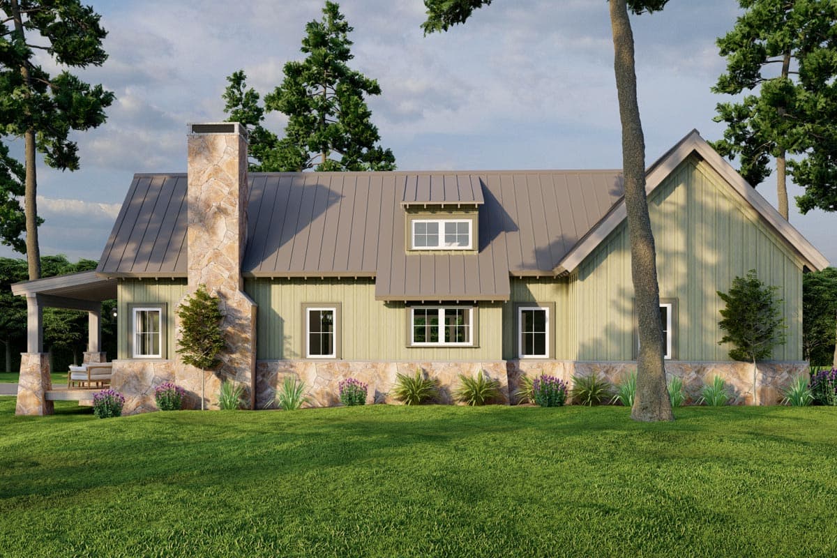 House plan exterior with stone base, metal roof, gable dormer, stone chimney, and covered porch.