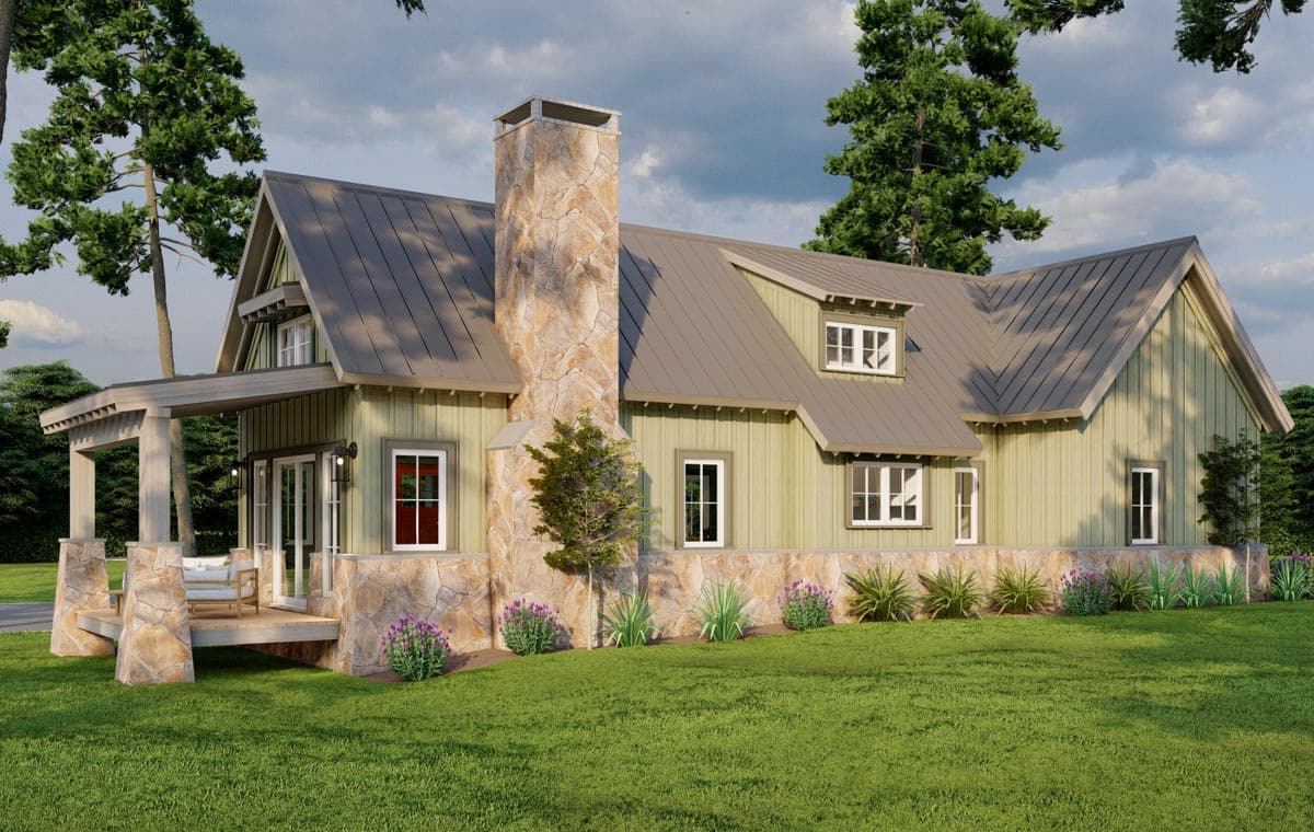 Modern Farmhouse house plan exterior with gables, dormers, a prominent stone chimney, and a covered porch.