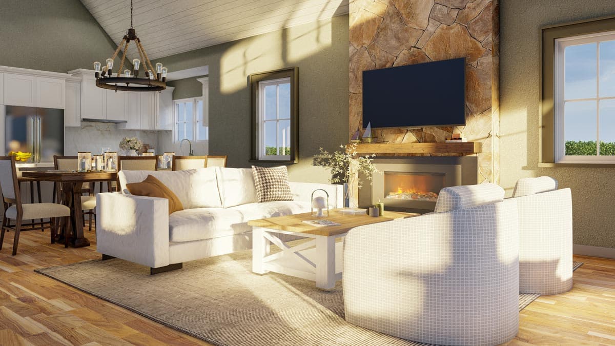 Interior rendering of living room with vaulted ceiling, stone fireplace, TV, sofa, coffee table, and dining area.