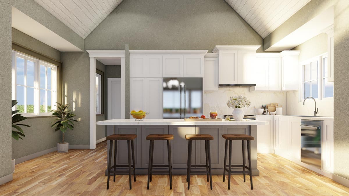 Kitchen rendering with vaulted wood ceiling, island with seating, stainless steel refrigerator, and white cabinetry.