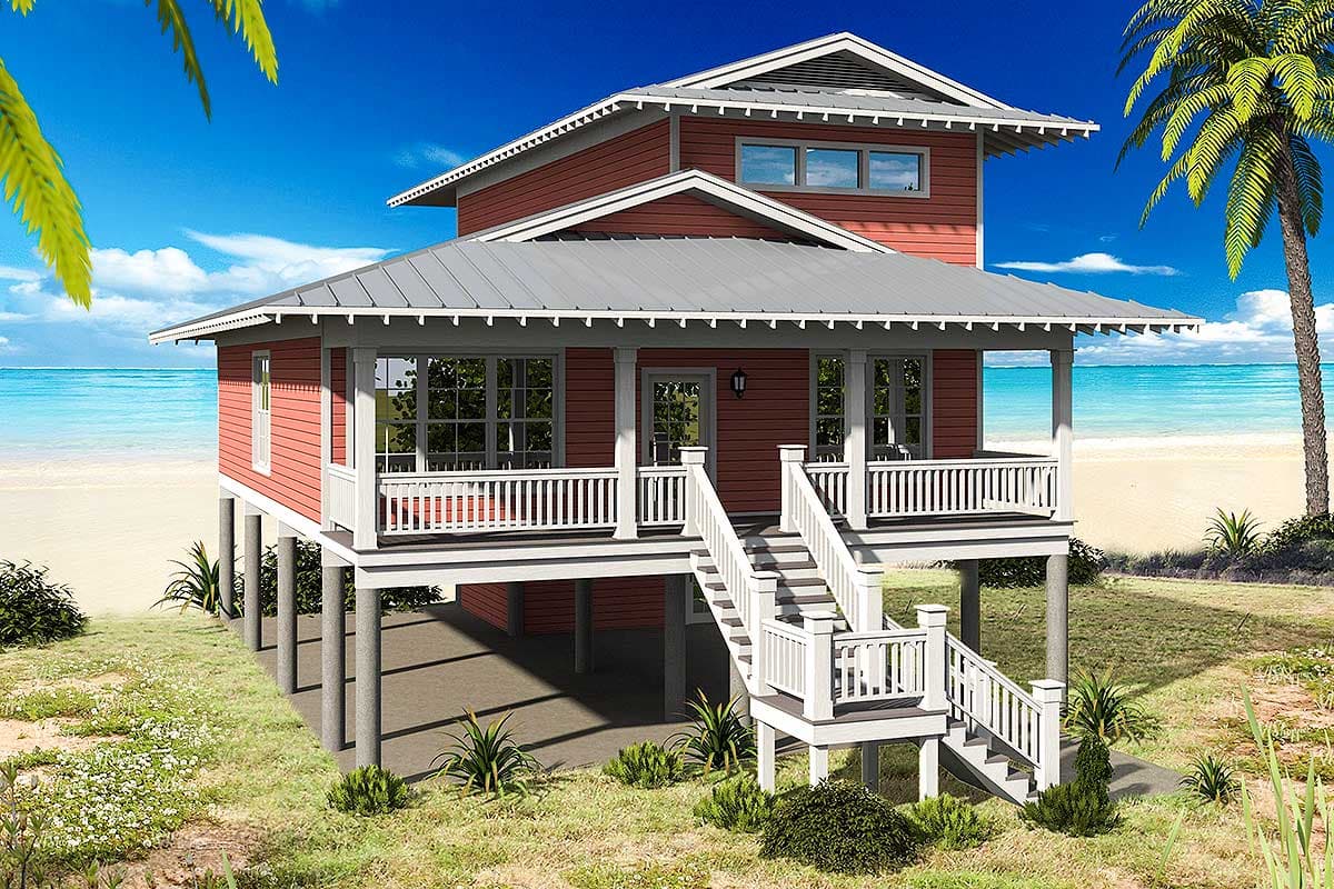 House plan exterior. Two-story island-style house with raised foundation, wrap-around porch, and gabled rooflines with decorative trim.