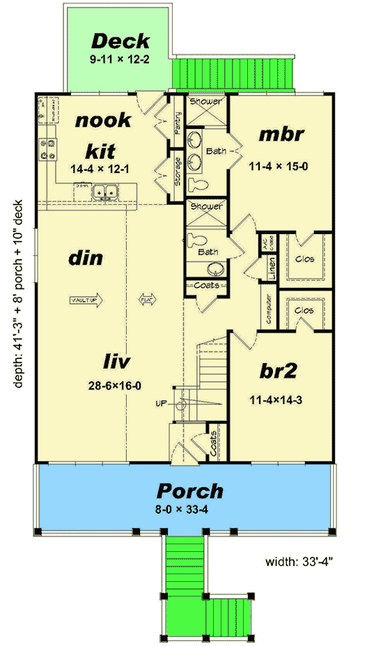 Plan 68497VR: Narrow Lot Beach Cottage - Floor Plan - Main Level - Cottage, Craftsman, Vacation