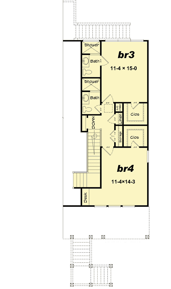 Plan 68497VR: Narrow Lot Beach Cottage - Floor Plan - 2nd Floor - Cottage, Craftsman, Vacation
