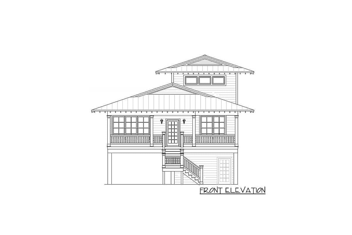 Front elevation house plan showing a two-story house with a prominent hip roof, gables, and a covered front porch with railings.