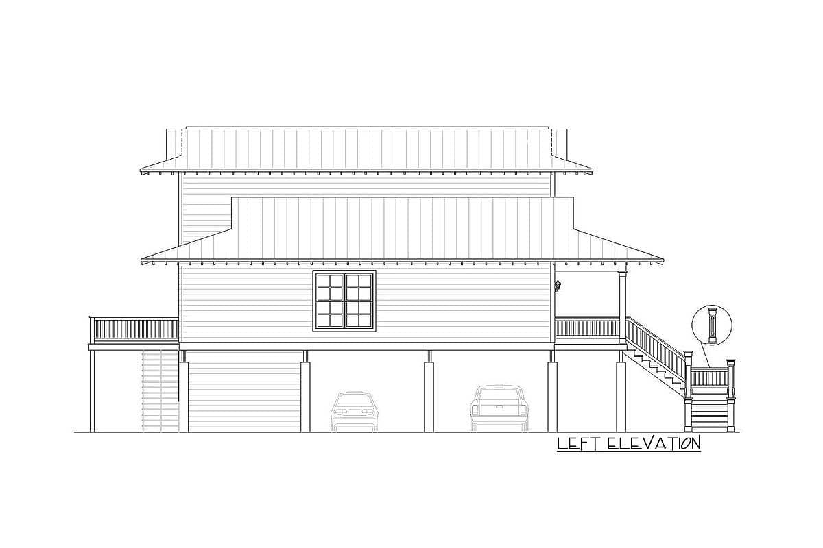 House plan left elevation showing a two-story elevated structure with a porch, stairs, and two-car garage.