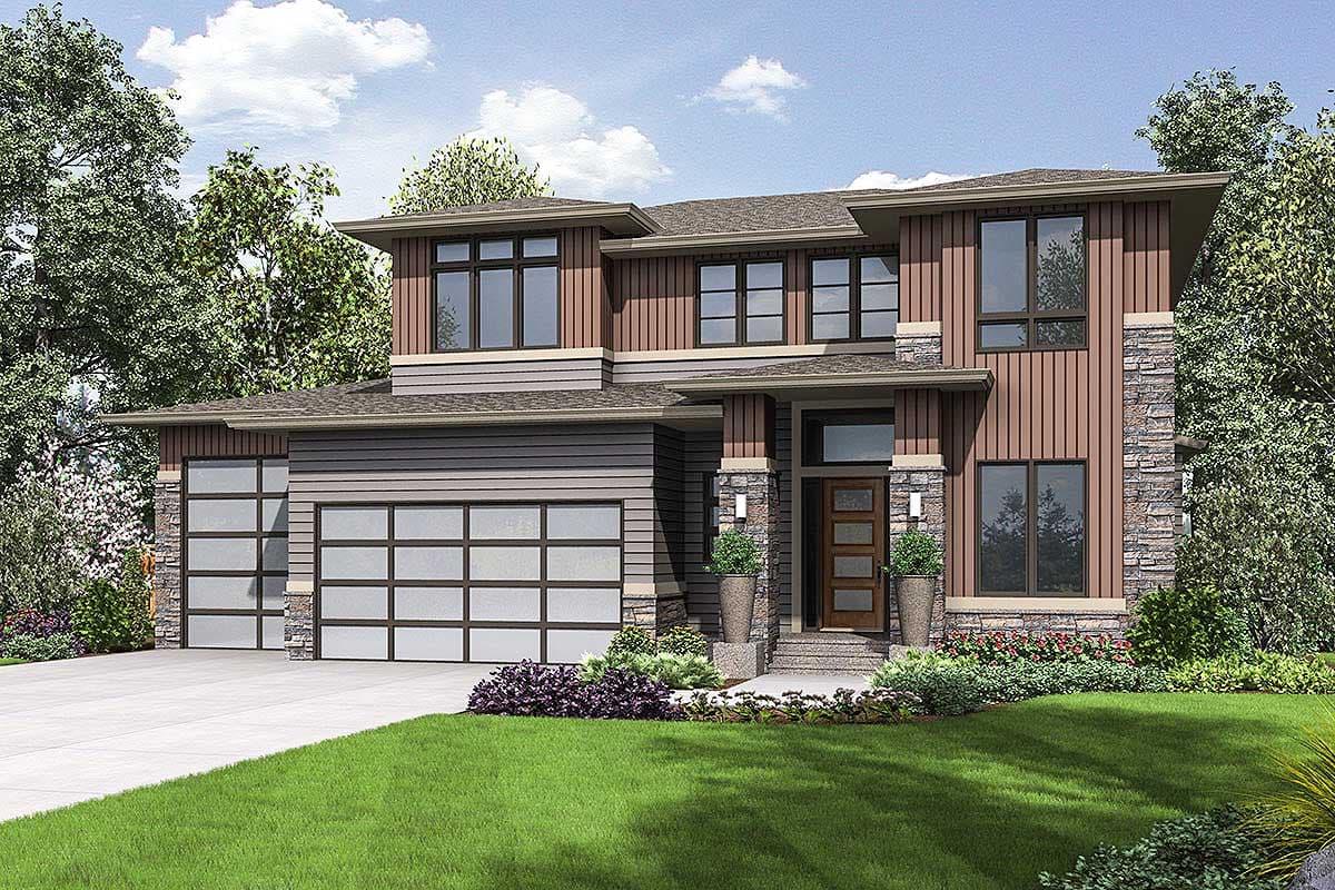 Modern house plan exterior with stone accents, vertical siding, a covered entry, and three garage doors with glass panels.