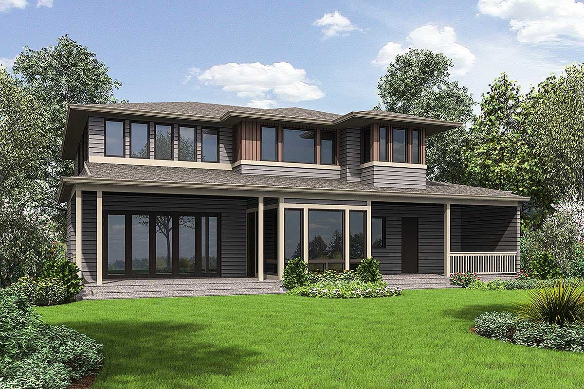 House plan exterior: two-story Modern style with multiple gables, wide windows, and covered porches.