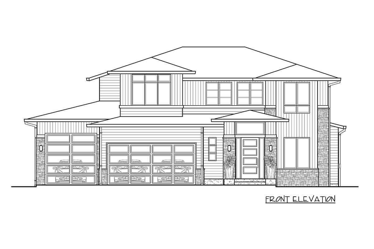 Front elevation drawing of a two-story house plan with a three-car garage, horizontal siding, and stone accents.