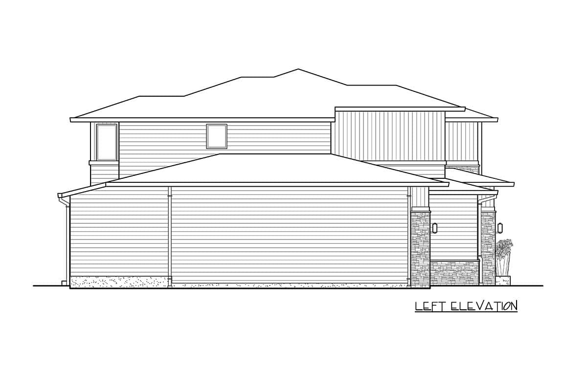 Left elevation drawing of a two-story house plan with varied rooflines and stone accents on exterior columns.