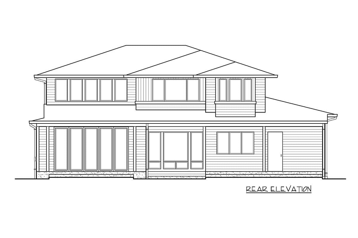 Rear elevation house plan for a two-story home with a multi-level roof, numerous windows on both levels, and a single-door entry on the right.