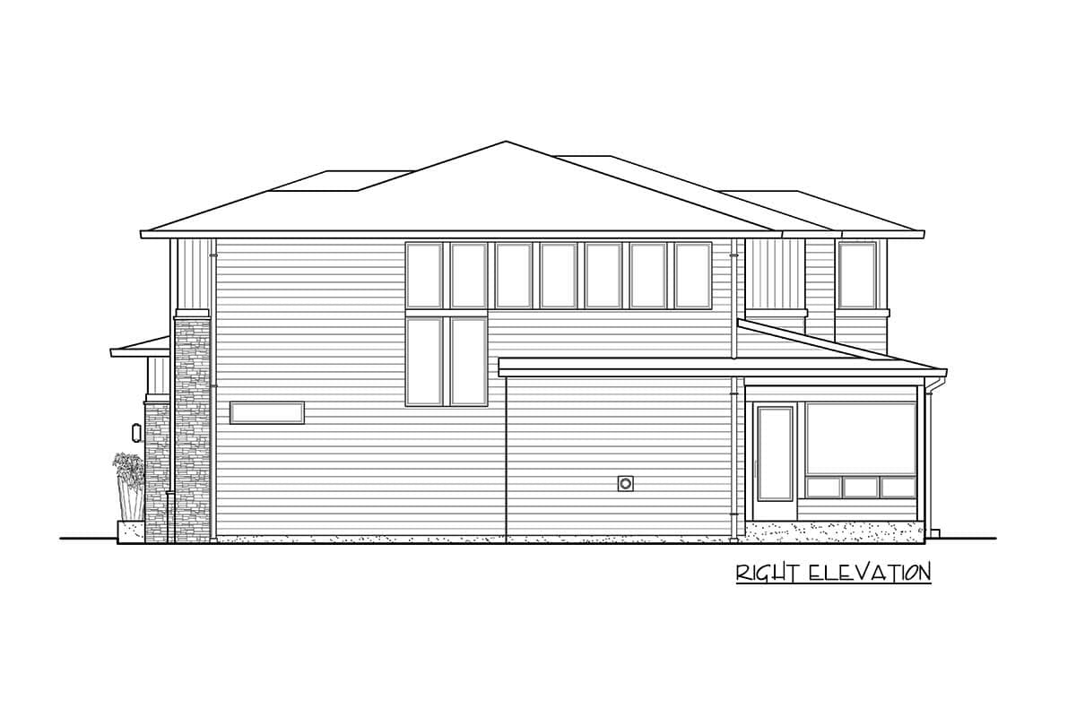 Right elevation of a two-story house plan with horizontal siding, multiple window arrangements, a covered porch, and stone accents.