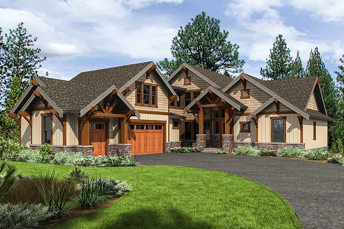 House plan exterior featuring a Craftsman style. The home has a gabled roofline, exposed timber brackets, and a covered porch. Two stories.