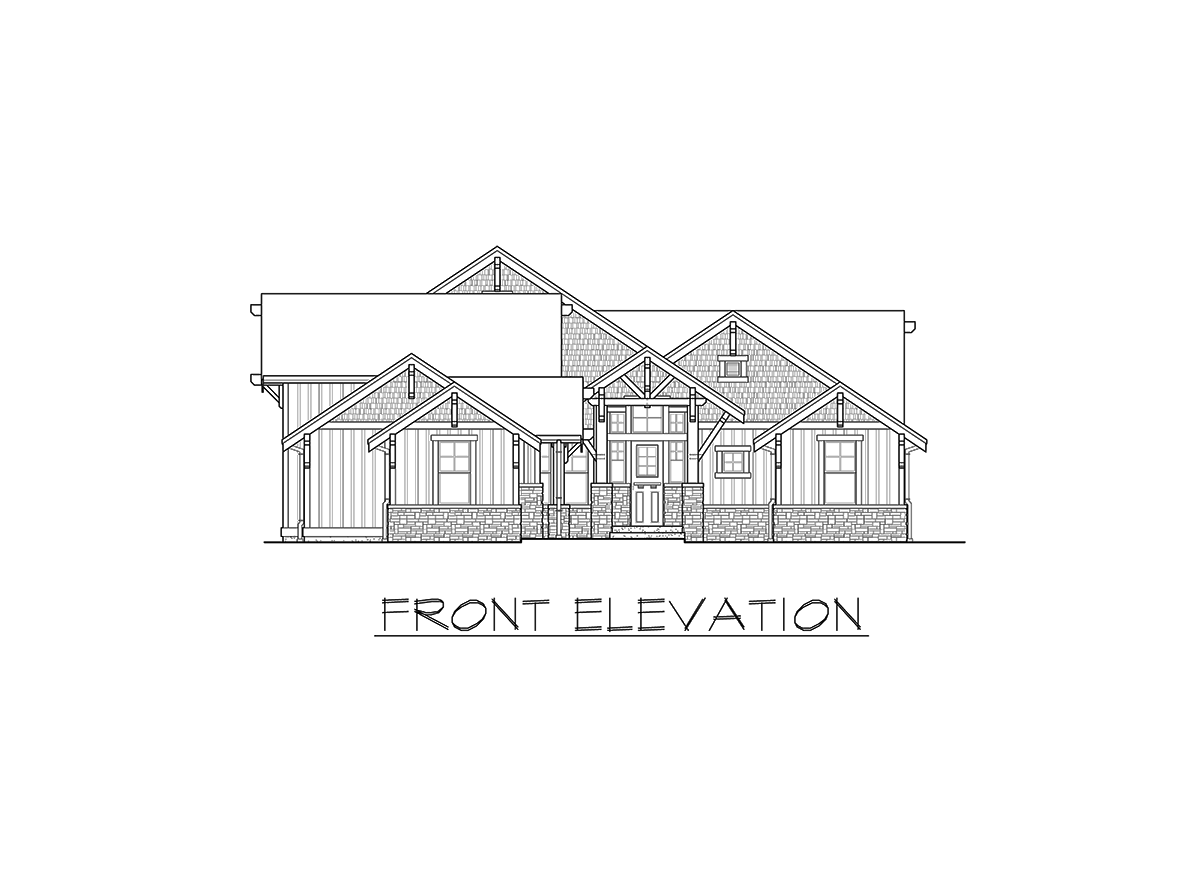Front elevation drawing of a multi-story house with gables, dormers, stone foundation, and covered entry.