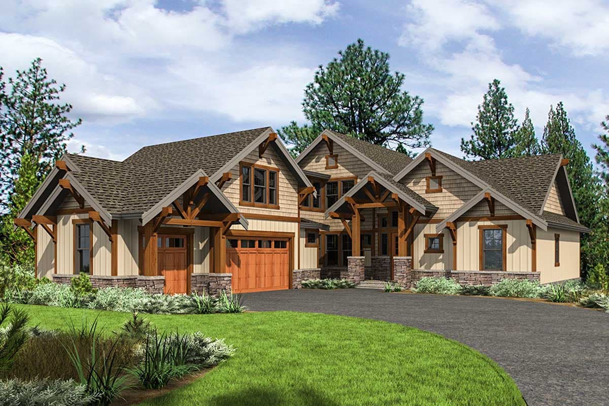 House plan exterior. Craftsman style with exposed timber framing and multiple gables. Features include a covered entry and attached garage.