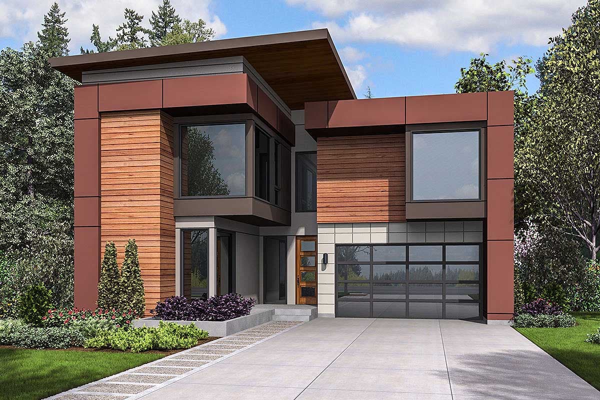 House plan exterior: Modern two-story residence with wood siding, large windows, cantilevered sections, and glass garage door.