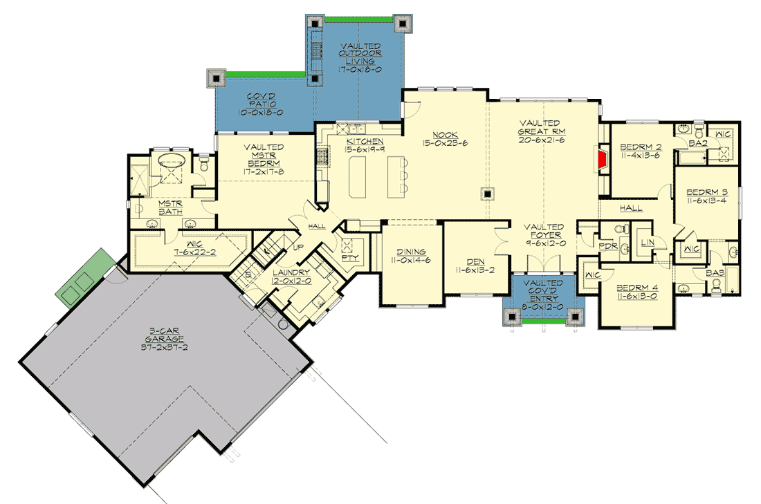 Plan 23706JD: Mountain Craftsman Home Plan with Bonus Room and Optional Exterior - 4550 Sq Ft - Floor Plan - Main Level - Craftsman, Mountain, Northwest, Ranch
