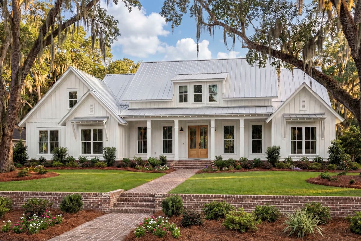 Modern Farmhouse house plan exterior with a metal gable roof, board and batten siding, dormers, and a covered porch.