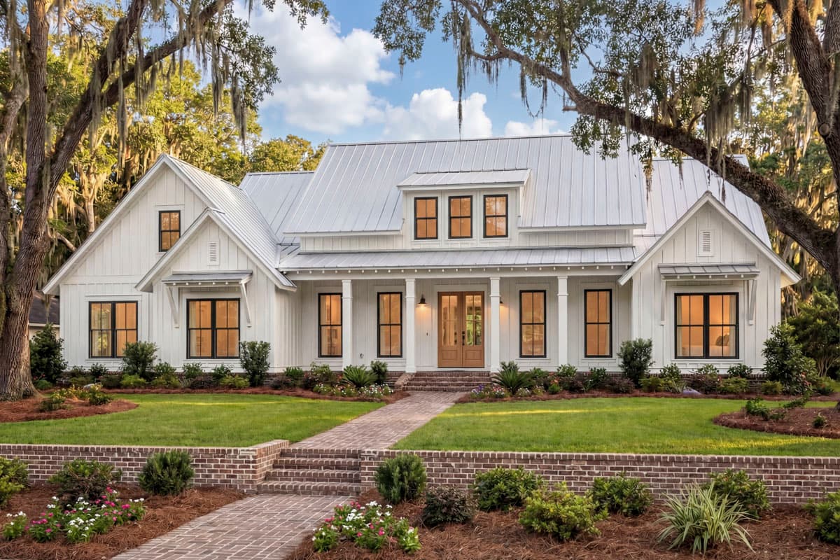House plan exterior, Modern Farmhouse style. Features include multiple gables, a covered porch with columns, and a metal roof. Two stories.