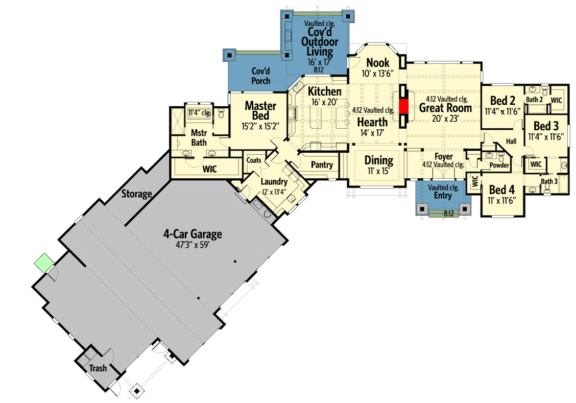 Plan 23707JD: Mountain Ranch Home Plan with RV Garage - 3270 Sq Ft - Floor Plan - Main Level - Craftsman, Mountain, Northwest, Ranch