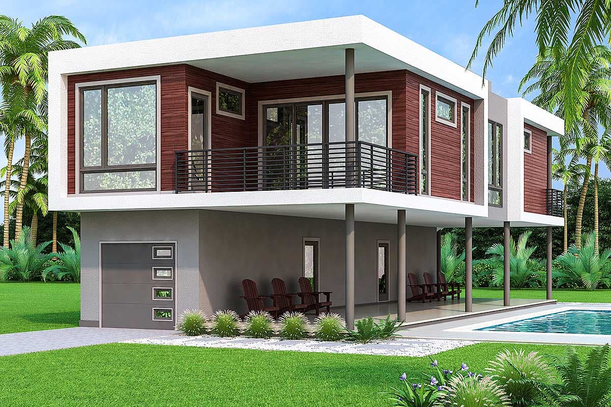 House plan exterior. Two-story modern style with horizontal wood siding, a flat roof, and a covered porch supported by columns. Includes a garage.