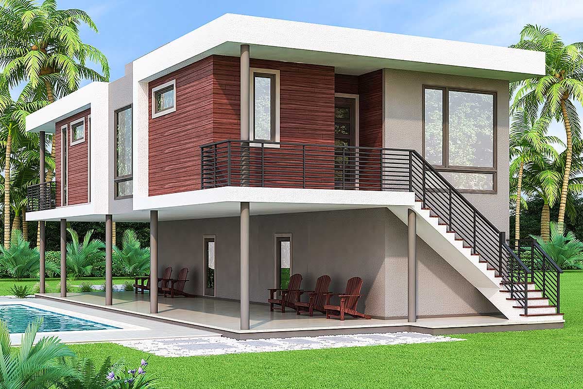 Modern house plan exterior with flat roof, wood siding, balconies, and elevated living space above a covered patio.