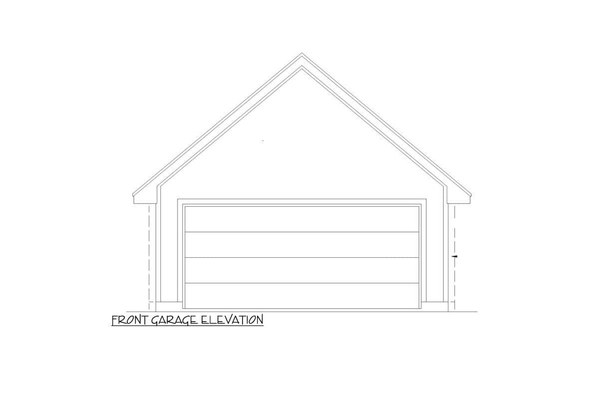 Front garage elevation drawing showing a gable roof and a horizontal panel garage door.