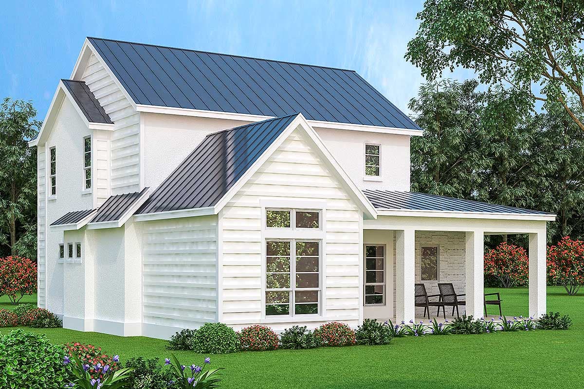 House plan exterior of a two-story Modern Farmhouse with white siding, gables, dormers, and a covered porch.