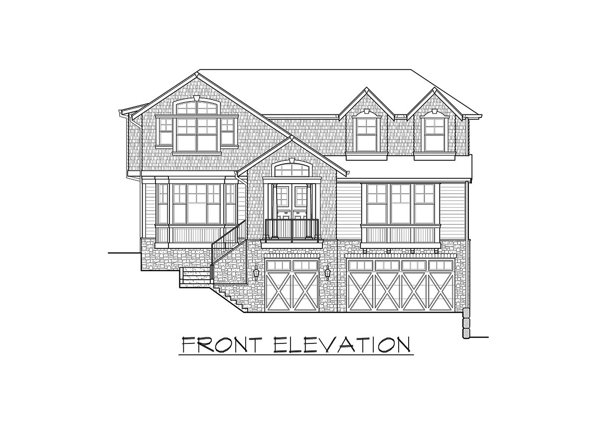 Front elevation drawing of a two-story house plan with a covered porch, bay windows, dormers, and a two-car garage.