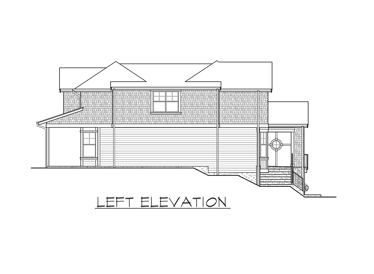 Left elevation drawing of a two-story house with a covered porch, shingle and lap siding, and a prominent front door.