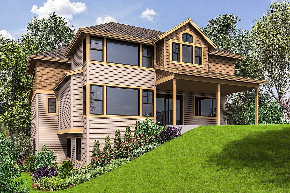 House plan exterior: two-story home with shingle and horizontal siding, large windows, and a covered porch.