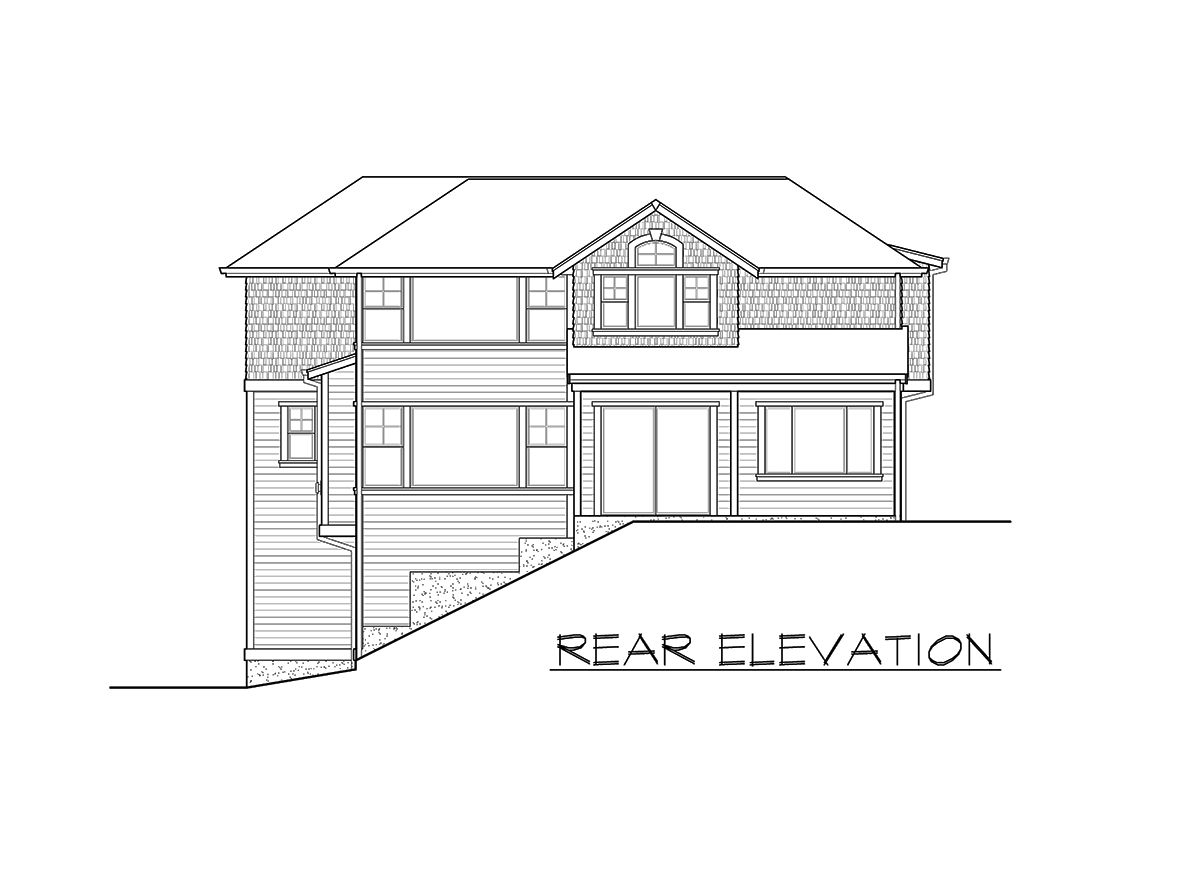 Rear elevation drawing of a two-story house with shingled dormers, horizontal siding, and multiple windows.