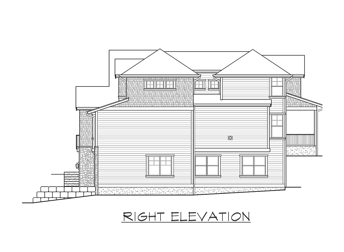 Right elevation house plan with shingle and lap siding, multiple gables, dormer windows, and a screened porch.