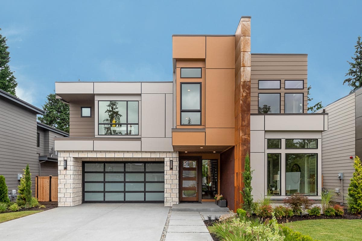 Modern house plan exterior with a two-car garage, glass door, stone accents, and stacked vertical window arrangements.