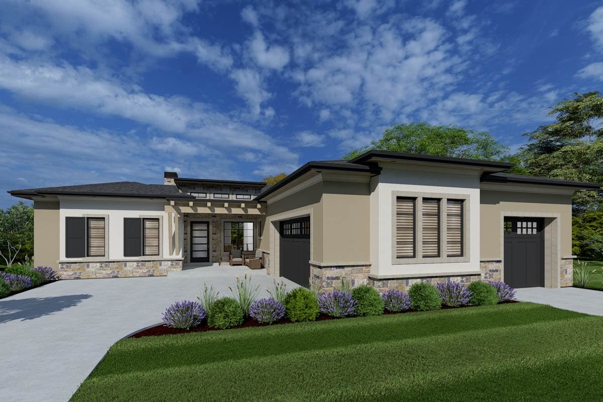 House plan exterior: Modern single-story with stone accents, a covered entry with glass doors, and a two-car garage.