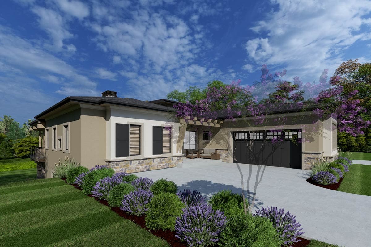 House plan exterior: Contemporary style, single-story, with attached garage, stone accents, and covered patio.