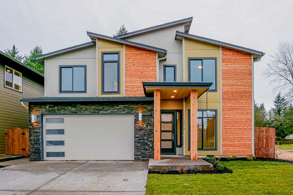 Modern two-story house plan with asymmetric rooflines, stone accent wall, wood siding, and a covered entry with wood posts.