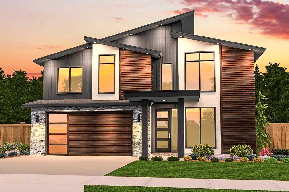 Modern two-story house plan exterior with angled rooflines, wood siding, and large windows.