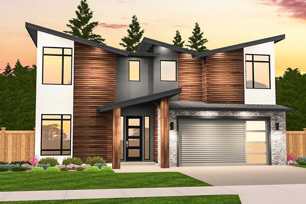 House plan exterior. Two-story modern design with board and batten siding, asymmetrical rooflines, and a two-car garage. Features timber-framed entry.